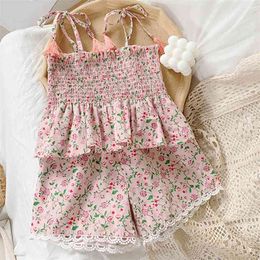 Girls Set Summer Floral Suit Suspender Top+Shorts 2Pcs Kids Clothing Sets Children's 210528