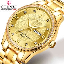 Chenxi Golden Quartz Watch Men Top Luxury Wristwatch Waterproof Golden Male Wrist Watch Man Full Steel Clock Relogio Masculino Q0524