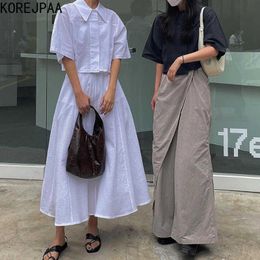 Korejpaa Women Sets Summer Korean Chic Niche Basic Lapel Single-Breasted Five-Point Sleeve Shirt High-Waist All-Match Skirt 210526