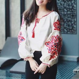 [LIVIVIO] Cotton Puff Long Sleeve Embroidery Round Neck Tassel Strin Blouse Women Shirt Female Korean Fashion Clothing 210225