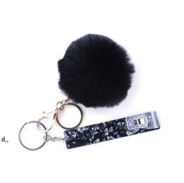 Cute Credit Card Puller Pompom keychains Acrylic Debit Bank C ard Grabber for Long Nail ATM Keychain Cards Clip Nails Key Rings RRE12107