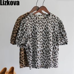 Lizkova Spring Leopard Print T Shirts Women 2021 Puff Sleeve Vintage Tops Mujer Harajuku O-neck Casual Femme T-shirts TS6637 210306