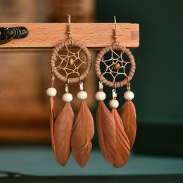 dream catcher feather earrings NZ - Jewelry Earrings Dangle & Chandelier Creative Dream Catcher Long Feather Fringe Boho
