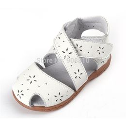 new girls sandals genuine leather soft toddler shoes white pink blue closed toe summer style flower cutouts SandQ baby 210226