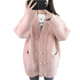 Sweater women pink yellow plus size loose cardigans autumn winter Korean beading double-breasted knitted sweaters LR912 210531