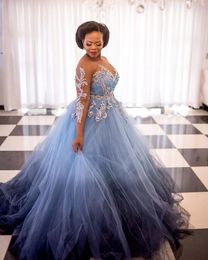 Африканский плюс размер Princess Princess формальные платья с длинным рукавом свет неба голубые бисером кружева ASO EBI вечерние платья платье