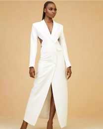 Elegant White Suit Dresses Deep V Neck Long Sleeves Split Evening Dress Custom Made Ankle Length Party Gown