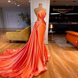 coral mermaid evening dresses ruched crystal strapless formal prom gowns with overskirt vestiti da sera