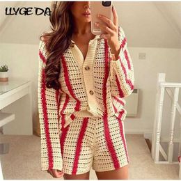 Knitted Hollow Out Women's Shorts Sets Long Sleeve Cardigan For Women And Red Stripe Loose Y2K Autumn Casual Sweater 211106