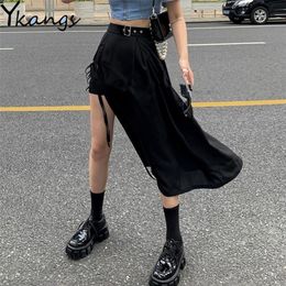 Summer New Harajuku Lace Up Sexy Women Skirts Irregular Black High Waist Long Skirts Punk Gothic Chic Streetwear Saias Femininas 210310