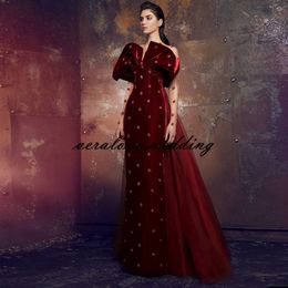 Red Mermaid Prom Dress Illusion Velvet Celebrity Evening Party Gowns Long Sleeves Formal Party Dresses robes Vestidos