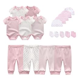 2021 Cotton Solid Newborn Baby Sets Unisex Bodysuits+Pants+Hats+Gloves Baby Girl Boy Clothes Short Sleeve Roupas de bebe 210226