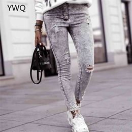 Vintage Jeans Grey Ripped Womens Streetwear Sexy Mid Rise Aesthetic Stretch Skinny Hole Denim Pencil Trousers 210629