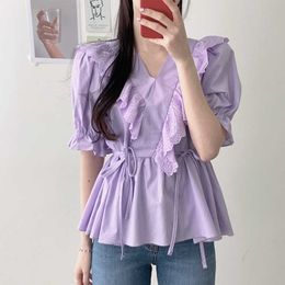 Chic Sweet Loose Temperament Purple V Neck Flare Sleeve Blouse Women Summer Short Sleeve White Lace Ruffles Tops Patchwork 210610