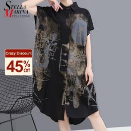 New Korean Painted Style Summer Women Black Vintage Shirt Dress Printed Big Size Ladies Stylish Casual Midi Dress Robe 6107 210309