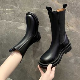 2021 Fashion Women's Boots Lace Up Calf Round Head Women's Boots Black Mid Heel Square Heel PU Women Shoes Four Seasons H1009