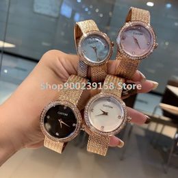 Fashion brand lady watch 4 diamond mother of pearl shell malachite dial Stainless steel quartz watches mesh clock sign logo top quality