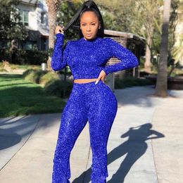 Sexy Glitter Two Piece Set Top and Pants Club Outfits for Women Matching Sets Long Sleeve 2 Piece Stacked Pants Set Wholesale Y0625