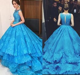 2021 Blue Evening Dresses Lace Applique Tiered Beaded Crystals Scoop Neck Sleeveless Custom Made Birthday Party Prom Ball Gown vestido