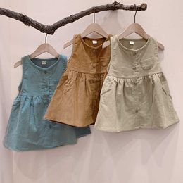 Baby Girl Solid Color Sleeveless A-line Dress Single-breasted Girls Princess Party Dress Kids Vest Dresses Q0716