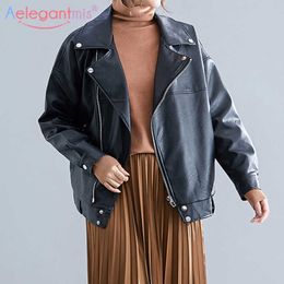 Aelegantmis Fashion Faux Leather Jackets Women Korean Loose Pu Motorcycle Jacket Long Sleeve Streetwear Coats Zipper 210607