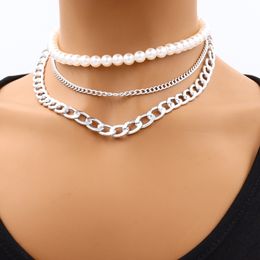 18K Gold Plated Multi Layer Artificial Pearl Chokers Link Chain Necklaces for Women