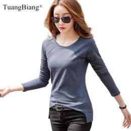 Irregular Hem Women O-Neck Bamboo cotton T-shirt 2021 New Loose Fashion Ribbed Slim Tshirt Ladies Autumn Spring purple blue Tops 210306