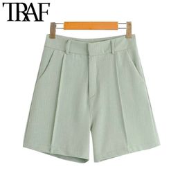 TRAF Women Chic Fashion Side Pockets Straight Shorts Vintage High Waist Zipper Female Short Pants Pantalones Cortos 210724
