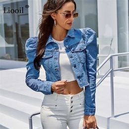 Blue Cropped Denim Jacket Puff Sleeve With Button Pockets Vintage Coat Autumn Winter Streetwear Ripped Jean Outwear 211029