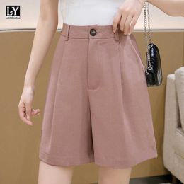 LY VAREY LIN Spring Summer Streetwear Female Stright Solid Color Wide Leg Shorts Women High Waist Button Loose 210526