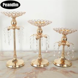 PEANDIM Gold Crystal Candle Holder Wedding Decoration Table Centerpieces Candelabra Birthday Party Flower Vase Holder Home Decor 210722