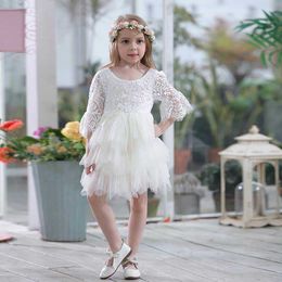 Wholesale Lace Dress for Girls Gauze Princess 3/4 Sleeve Party Layered Children Clothing E16900 210610