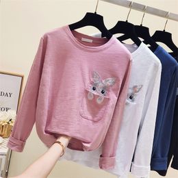 Autumn Spring Women T Shirts Fashion Long Sleeve White T Shirt Embroidered Rabbit loose Tops T Shirts 210306