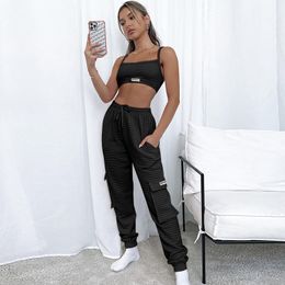 Women's Two Piece Pants 2021 Autumn Girls' Fashion Casual Exercise Two-Piece Solid Colour Cropped Tank Top Ankle-Tied Suit For Women