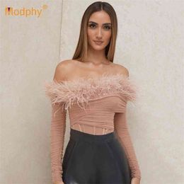 Autumn Women Pink Feathers Off Shoulder Bandage Bikini Bodysuits Sexy Long Sleeve Club Party Bodycon Rompers 210527
