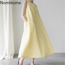 Nomikuma Cotton Linen A Line Dress Women Solid Color Sleeveless Summer Dresses Female Korean Fashion Vestidos Mujer 3a452 210514