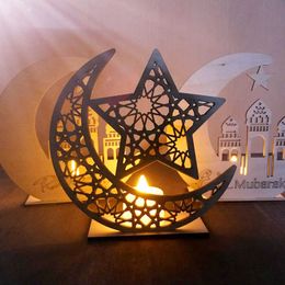 EID Mubarak Wooden Pendant Ramadan Decoration LED Candles Light Moon Star Wooden Crafts Eid Mubarak Decor For Home Eid AL Adha Y0730