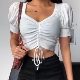 2021 Spring Women Sexy Knitted Cotton Short Sleeve Tshirt Summer Pullover Crop Top Tees Solid White Top Tees T-shirts Women 210306