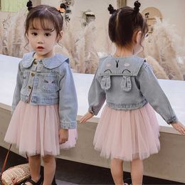 2020 Cowboy Jackets Lace Dress For Girls Dress Sets Baby Girl Suit Girls Clothing Sets Long Sleeve Girl Dress Kids Clothes Q0716