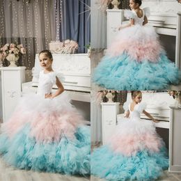 Colourful Flower Girl Dress For Weddings Jewel Neck Appliqued Tiered Tulle Birthday Gowns Pageant First Communion Wear