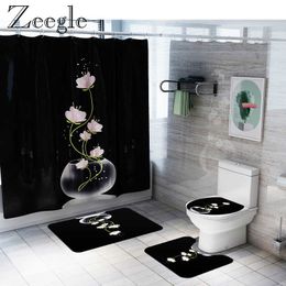 Floral Bath Mat Bathroom Carpet Rugs Flannel Shower Curtain Set Home Decor Toilet Mat U-Shaped Toilet Rug and Anti-slip Foot Rug 210724