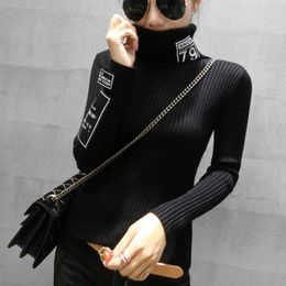 #3819 Beige Black White Red Woman Sweater Pullovers Long Sleeve High Neck Harajuku Sweaters Fashion Slim Basic Tight Sweater X0721