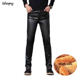 Idopy PU Faux Leather Pants Men Windproof Waterproof Motorcycle Biker Business Male Trousers Stretchy Leather Slim Fit Plus Size G0104