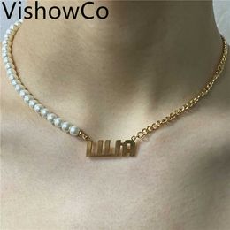 VishowCo Customised Name Personalised Pearl Gold Pendant Nameplate Necklace For Women Jewellery Gift