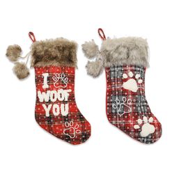 Christmas Stockings with Pet Paw I WOOF YOU Snowflake Pattern Fireplace Hanging Ornament Holiday Decorations XBJK2110