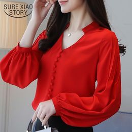 fashion women blouses long sleeve women shirts red chiffon blouse shirt V-neck office work wear womens tops and blouses 0603 60 210315