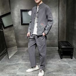Tang suit men's Han antique cotton and linen Chinese tunic youth coat spring autumn 211110