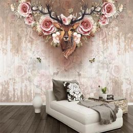 Wallpapers Custom Size European Elk Antlers 3d Wall Paper Home Industrial Decor Mural Wood Flower Bedroom Self-adhesive Wallpaper