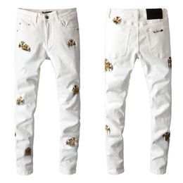 Fashionable Deigner Jeans Cross Decoration Distressed Motorcycle biker jean Rock Skinny Slim Ripped embroidery Denim pants