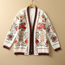 2022 Spring Long Sleeve V Neck White Paisley Print Knitted Embroidery Panelled Cardigan Sweater Fashion Sweaters Coats 21D161103